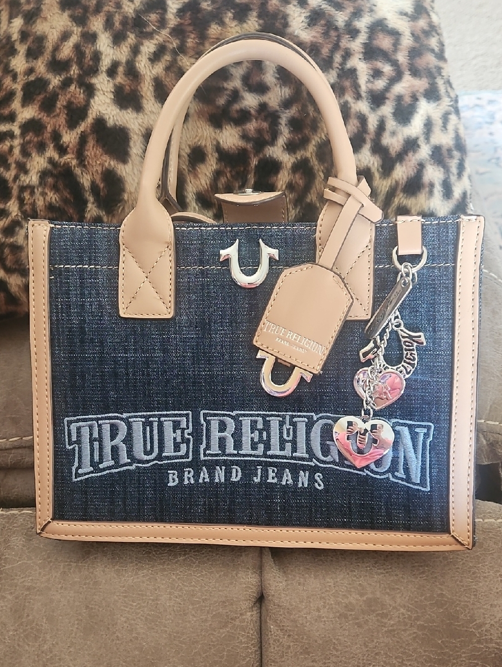 True Religion Blue Denim Satchel with Tan Trim and Charms